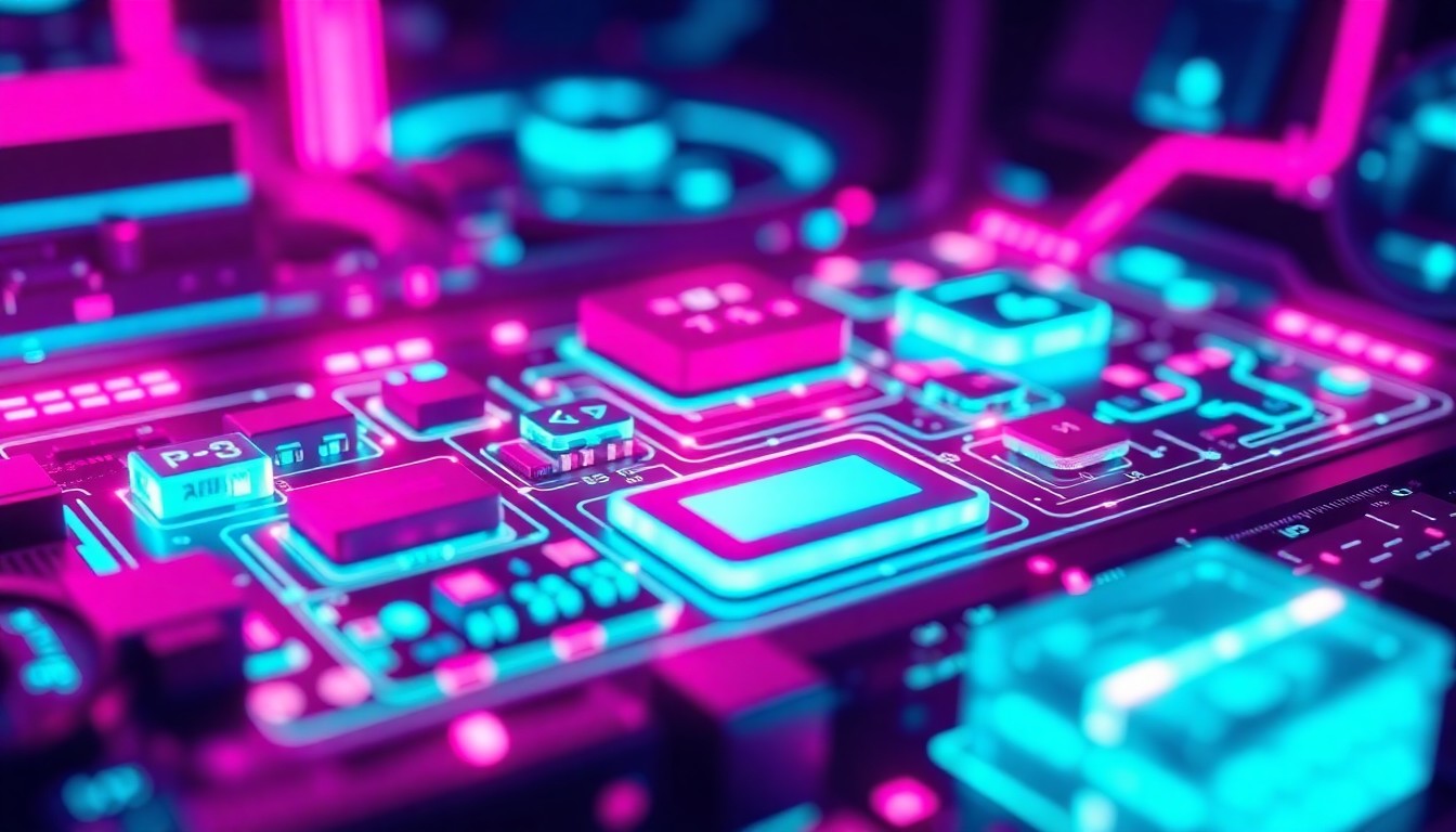 A highly detailed, 3D illustration of a glowing, futuristic automotive control module or sensor array, bathed in neon cyan and magenta lights, conceptually representing the interconnected, high-tech future of the automotive industry.