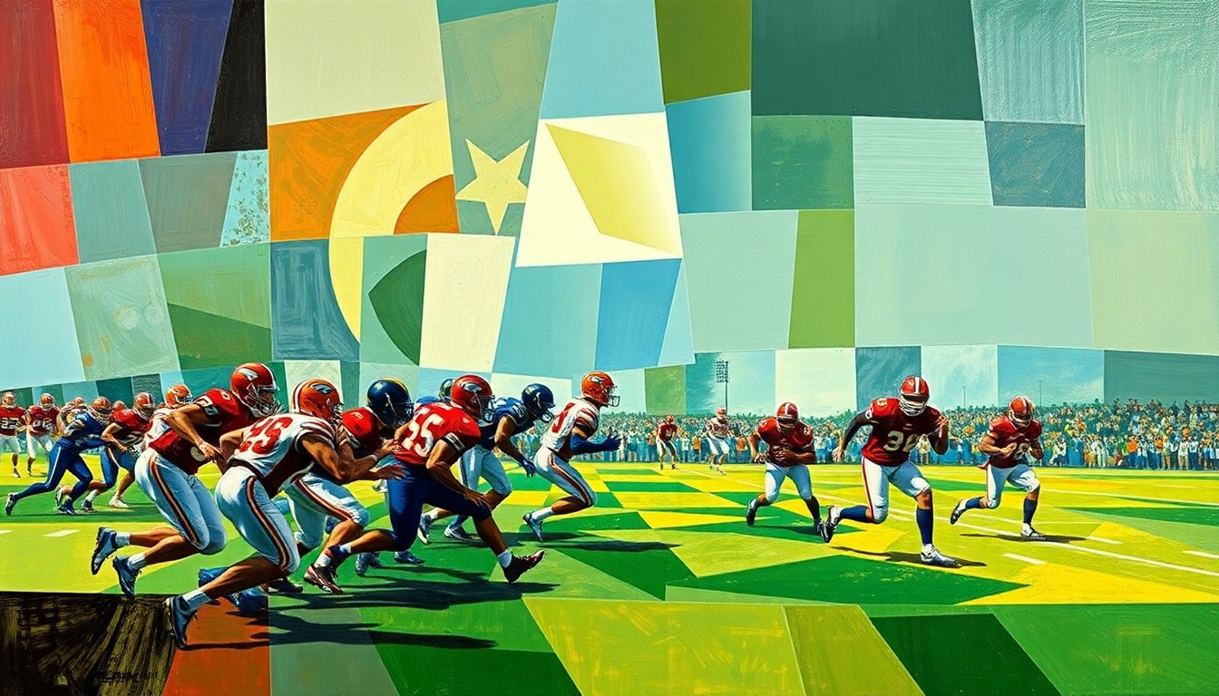 A cubist-style painting featuring fragmented, overlapping geometric shapes in shades of green, brown, and blue, representing the movement and action of a high school football game.
