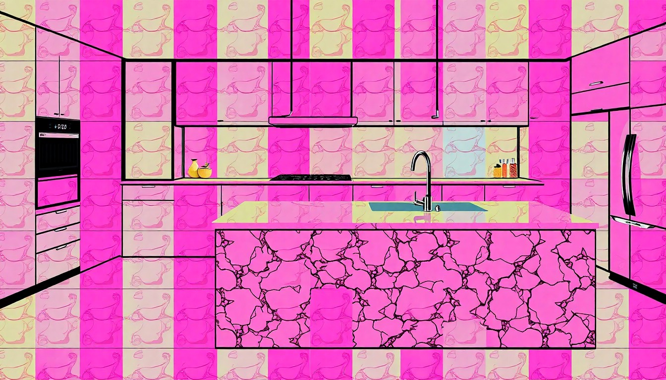 A brightly colored, high-contrast silkscreen print of a kitchen island with quartz countertops, repeated in a grid pattern, conceptually representing the modern design features of a townhome in Normal, Illinois.