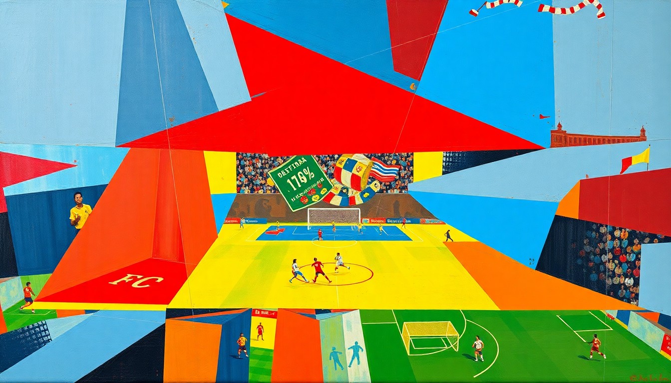 A cubist, geometric painting depicting overlapping, fragmented scenes of a USWNT soccer match, with players and the field broken down into sharp, angular shapes in a vibrant color palette.