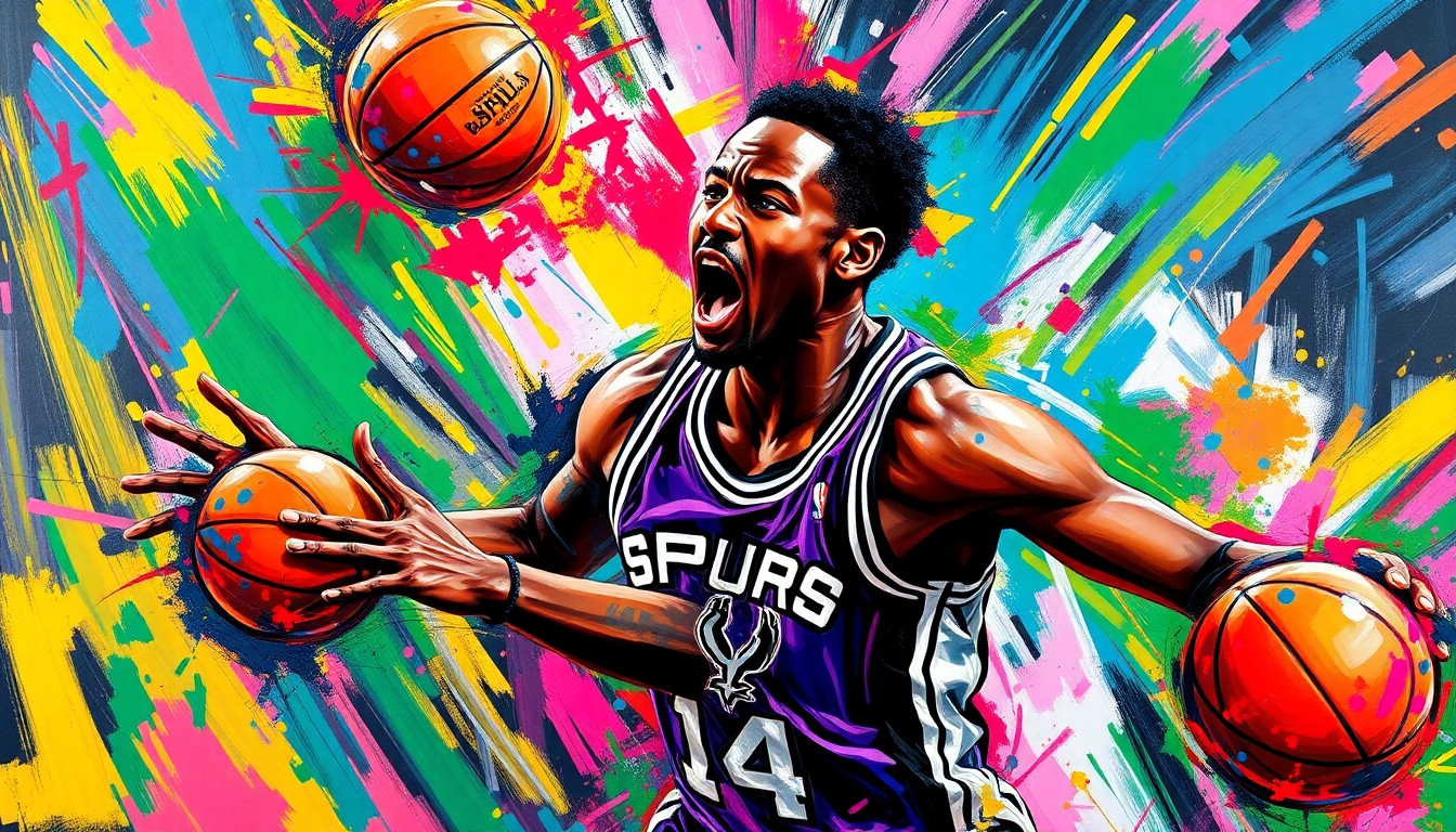 A vibrant, expressionist painting in neon colors depicting the dynamic movements and energy of Victor Wembanyama during his playoff debut for the San Antonio Spurs, capturing the raw athleticism and passion of the game.