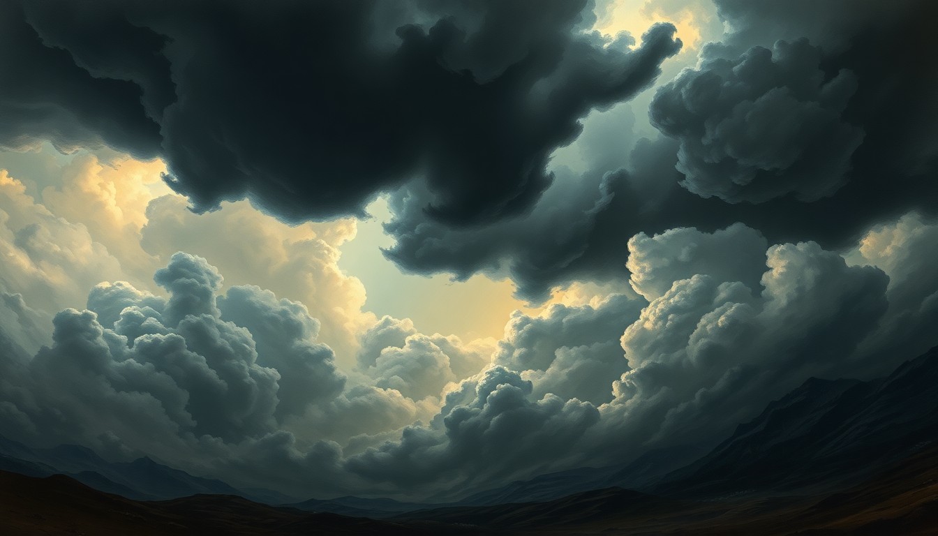 A dramatic, atmospheric landscape painting in muted tones of gray, blue, and gold, depicting a turbulent, stormy sky with swirling clouds and dramatic lighting, dwarfing any physical structures or objects in the scene and conveying the overwhelming power of the approaching weather system.