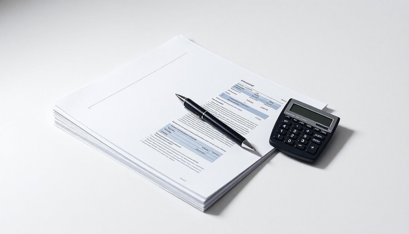 A minimalist, high-contrast studio photograph featuring a stack of financial documents, a pen, and a calculator arranged on a clean white background, symbolizing the specialized financial services and relationship-driven approach Metropolitan Commercial Bank is bringing to the Florida community association market.
