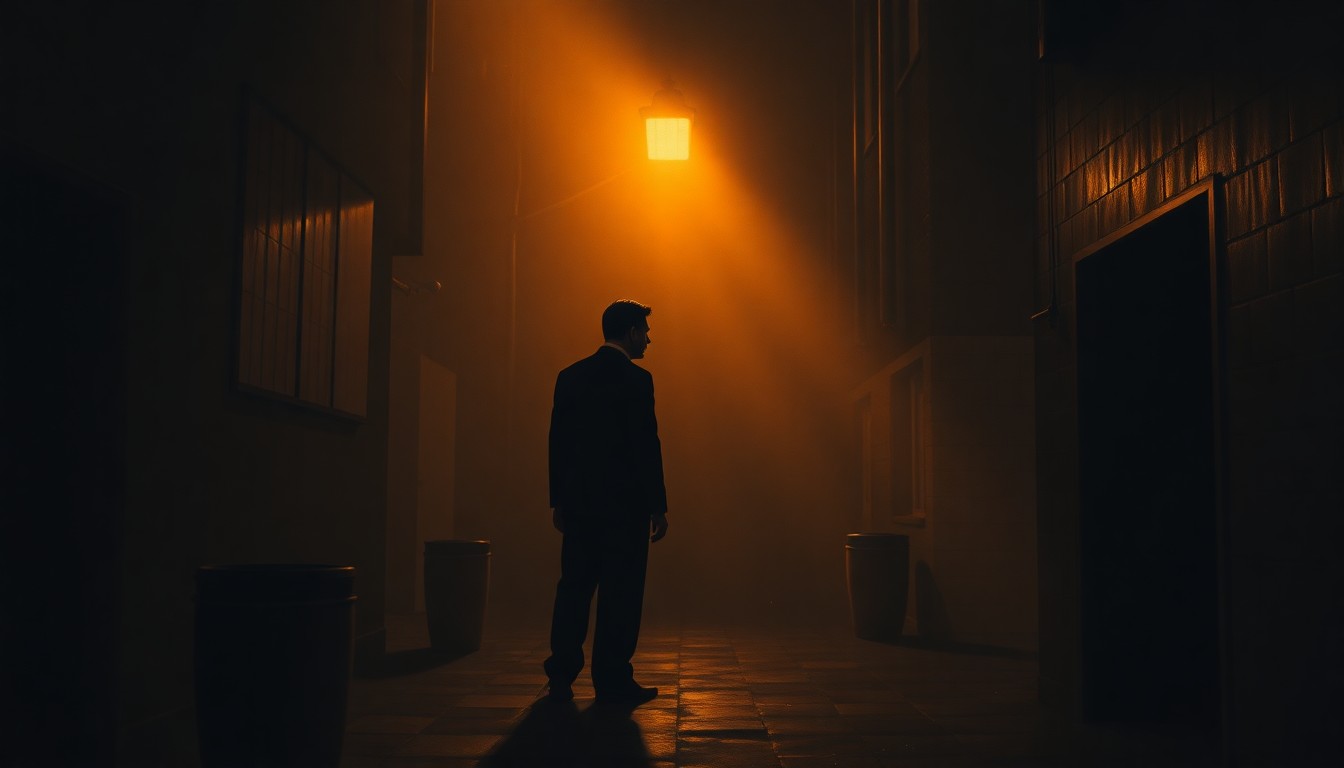 A dimly lit, urban setting with a solitary political figure bathed in warm, diagonal sunlight and deep shadows, conceptually representing the complex political dynamics surrounding the Democratic party's relationship with Israel.