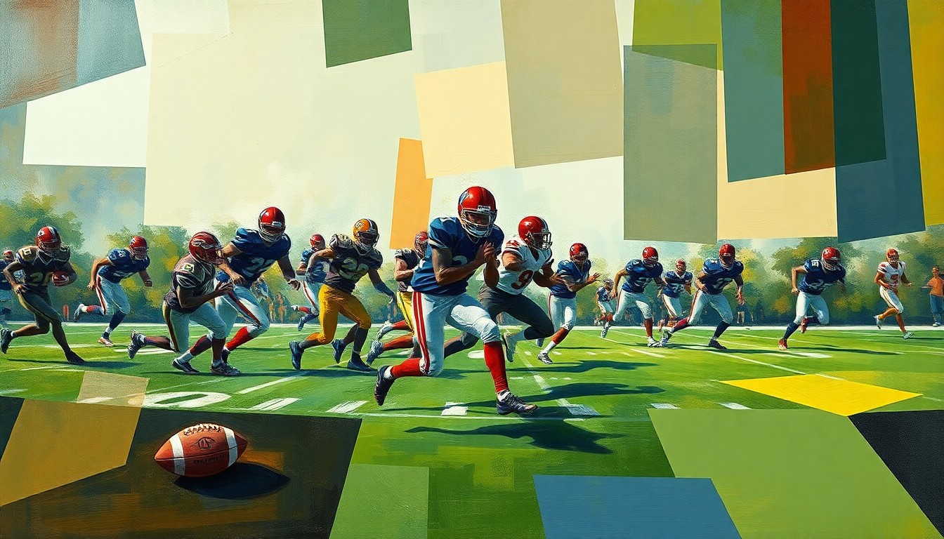 A fragmented, geometric painting depicting the movement and energy of a high school football game, with players, the ball, and the field rendered in sharp, overlapping planes of color.