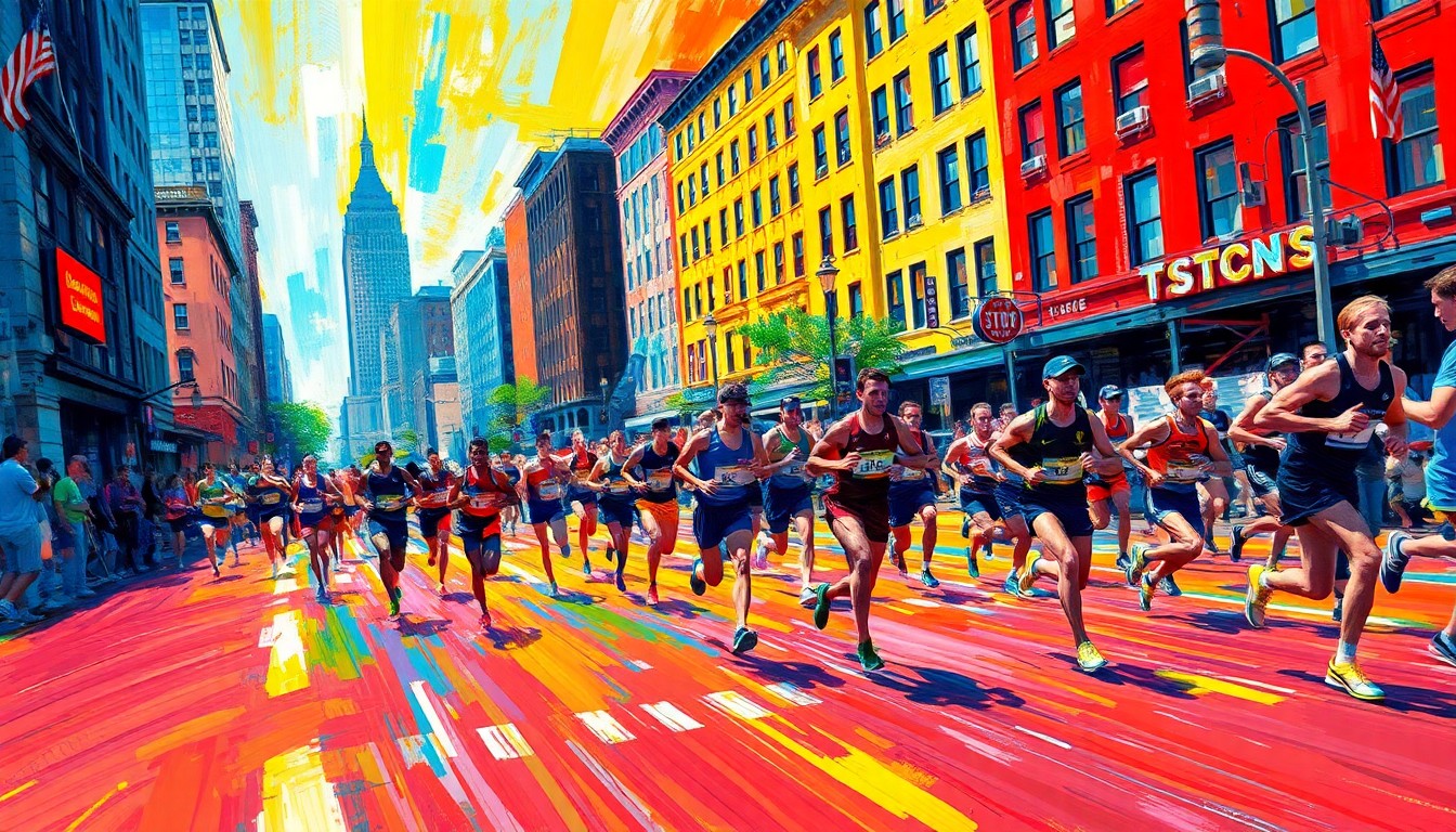 An abstract, expressionist painting in vibrant neon colors depicting the dynamic motion and energy of runners racing through the streets of Boston.