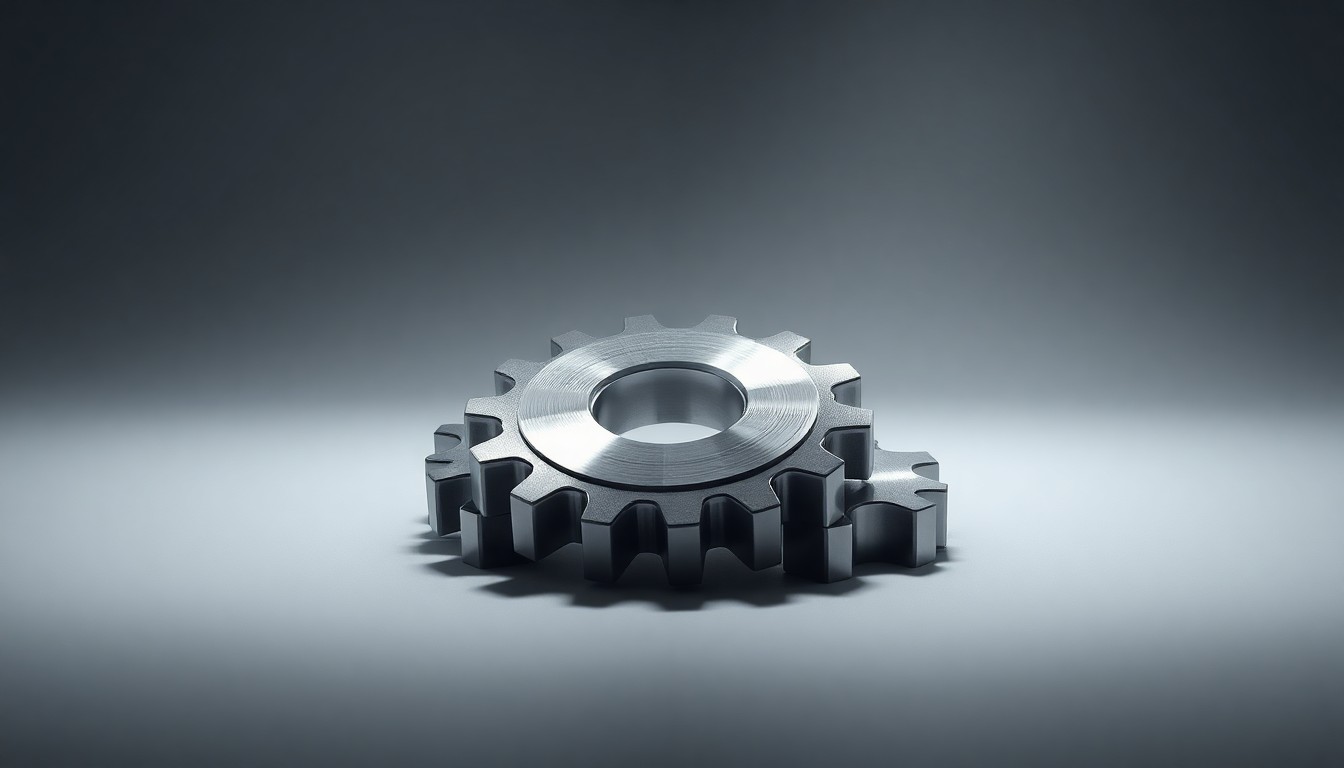 A close-up photograph of a shiny, metallic gear or cog-like object resting on a clean, monochromatic background, with dramatic studio lighting and deep shadows, conceptually representing the abstract corporate strategy and financial risks associated with Tennant's ERP system rollout issues.