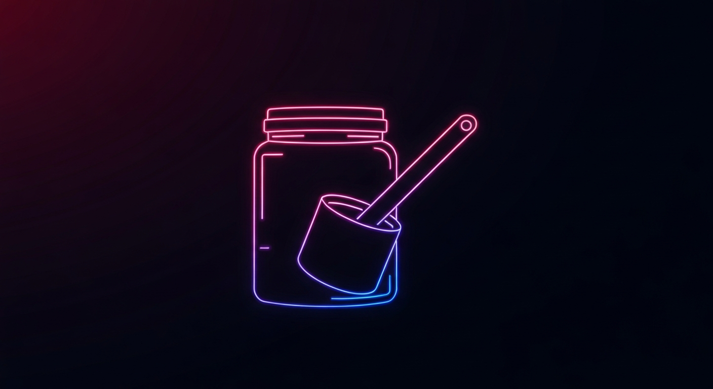 A glowing, neon outline of a protein powder container or scoop against a dark background, conveying the energetic and science-backed nature of the supplement.