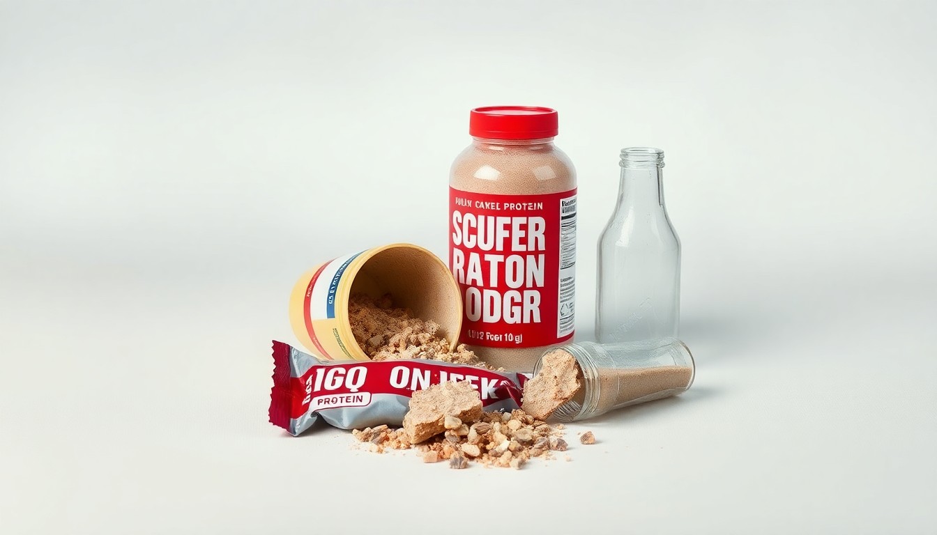 A photorealistic studio still life featuring a shattered protein bar wrapper, spilled protein powder, and a cracked glass bottle, symbolizing the quality and execution issues that plagued Simply Good Foods' product expansion.