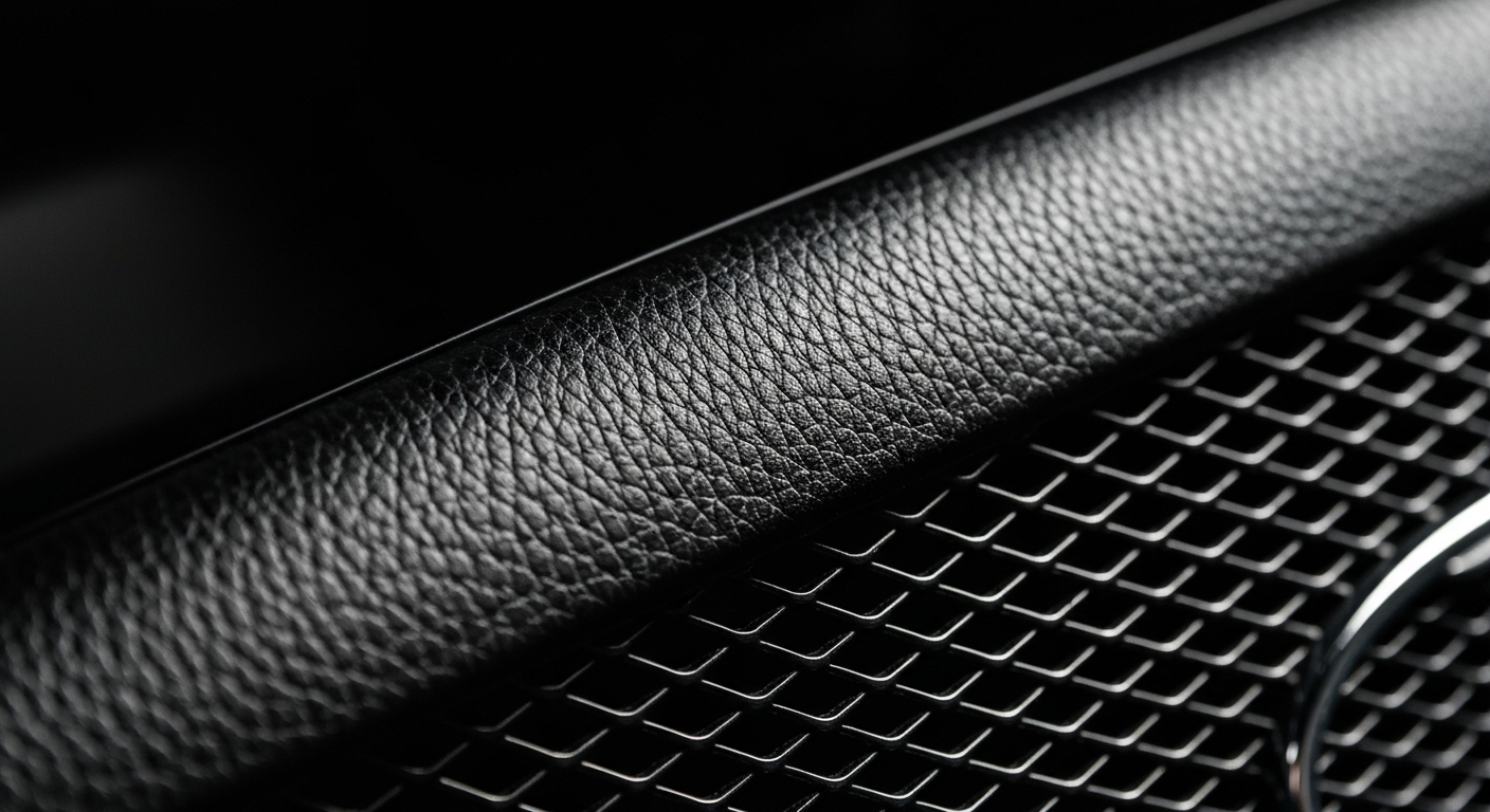 An extreme close-up of the textured surface of a car's exterior, such as the pebbled leather of the steering wheel or the woven mesh of a grill, in the dramatic, high-contrast lighting style of photographer Imogen Cunningham.