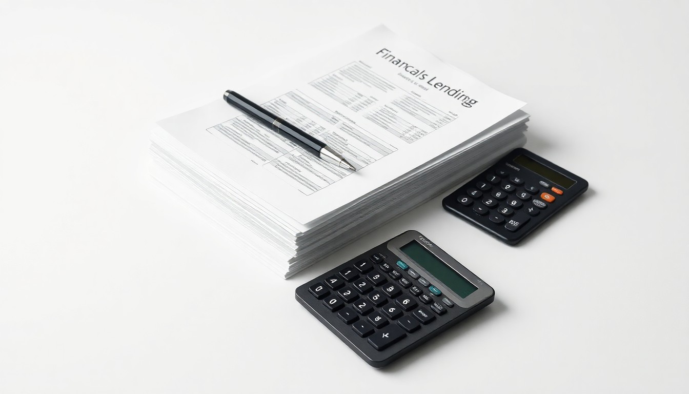 A photorealistic studio still life featuring a stack of financial documents, a pen, and a calculator arranged on a clean, white background, symbolizing the data-driven approach to commercial real estate lending.