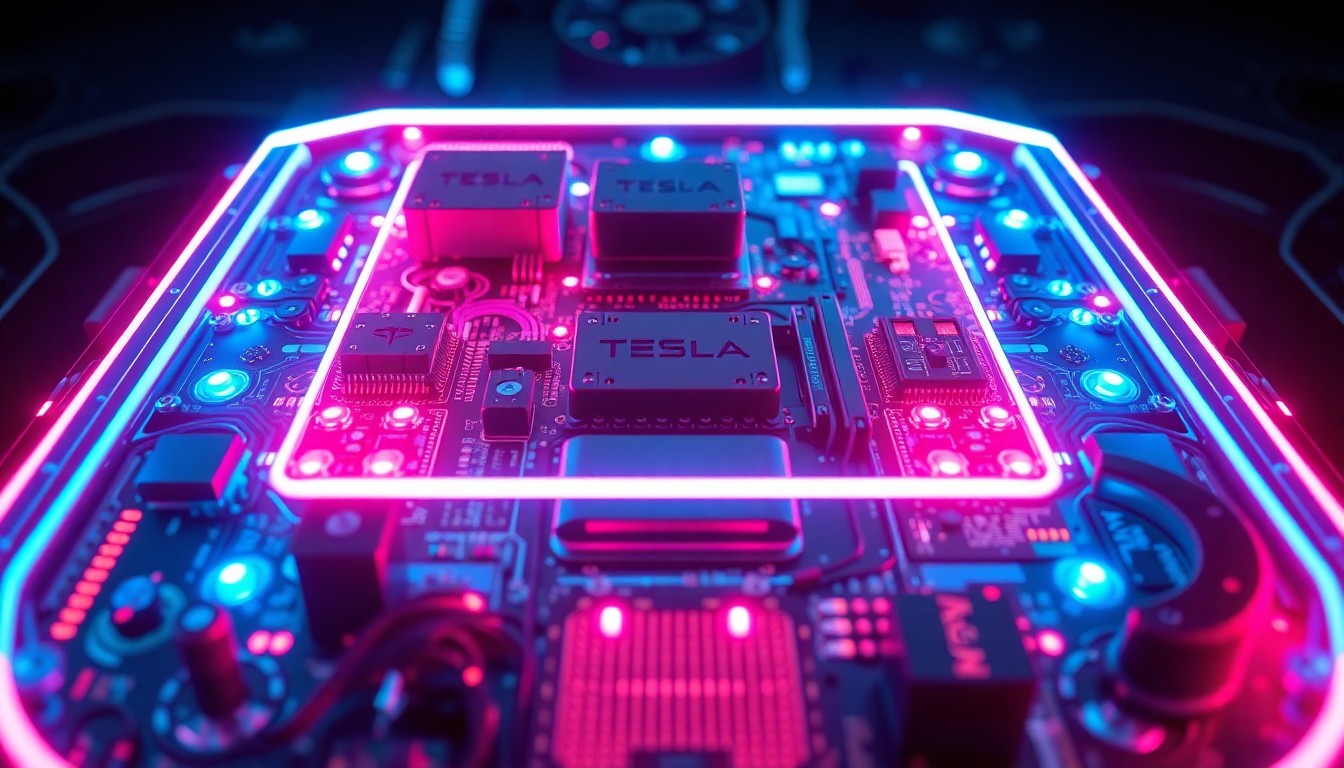 A highly detailed, glowing 3D macro illustration of a Tesla autonomous vehicle sensor array, with neon cyan and magenta lights illuminating the intricate hardware components, conceptually representing the complex digital infrastructure powering self-driving technology.
