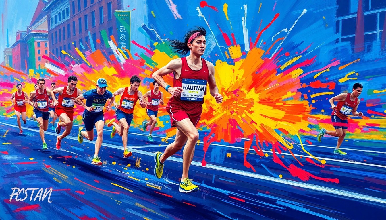 An abstract, expressionist painting in neon colors depicting the dynamic motion of a runner racing through the Boston Marathon, conveying the athlete's passion and determination to support a worthy cause.