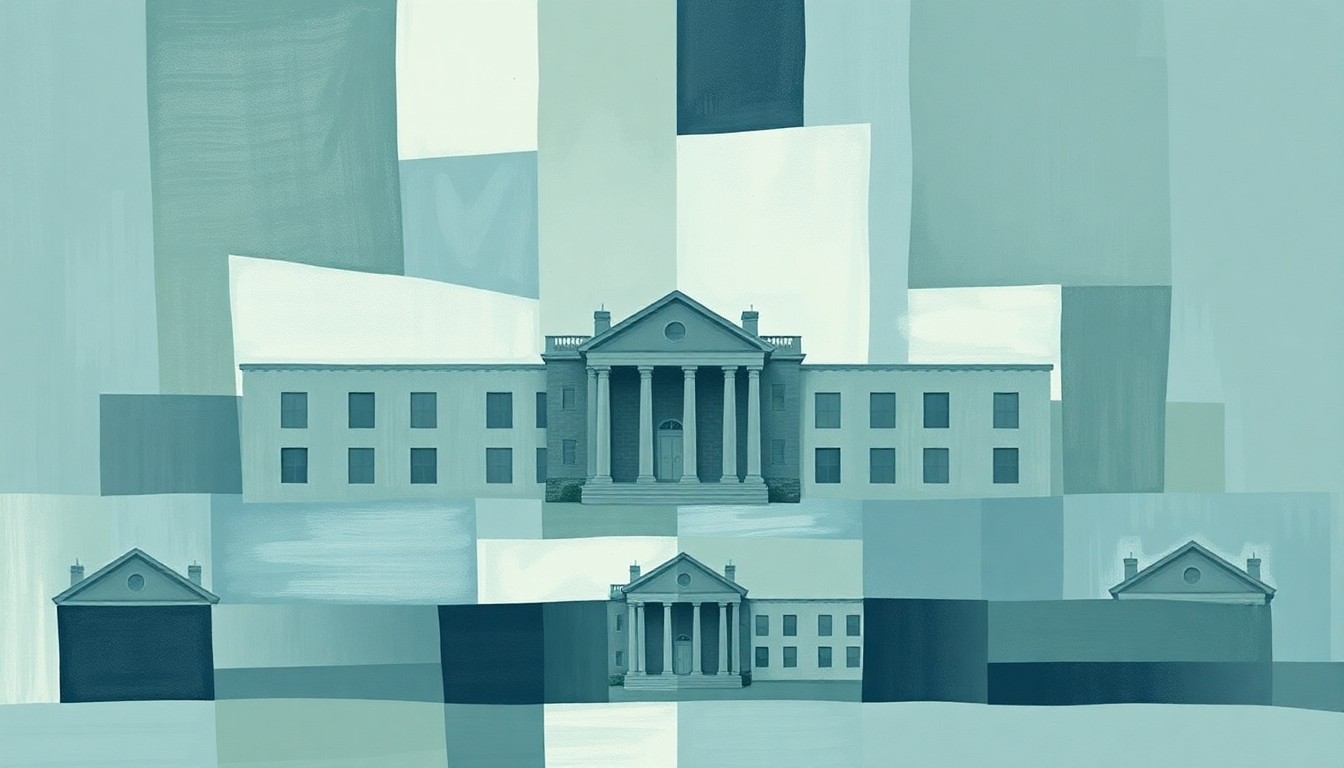 A fragmented, abstract painting of an educational symbol in shades of blue, grey, and green, conveying a sense of instability and the need for reform within the Memphis-Shelby County school district.