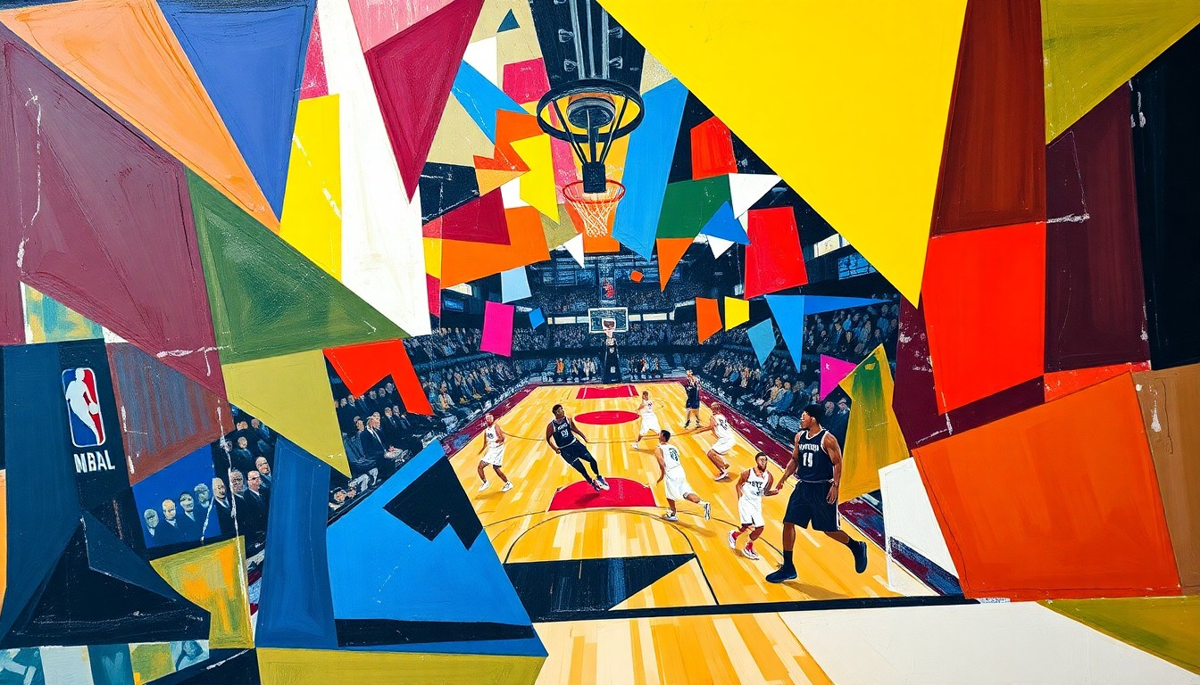 A cubist, geometric painting depicting the chaotic action of an NBA playoff basketball game, with sharp, overlapping planes of the Cavaliers' wine and gold colors and the Raptors' red and black hues.