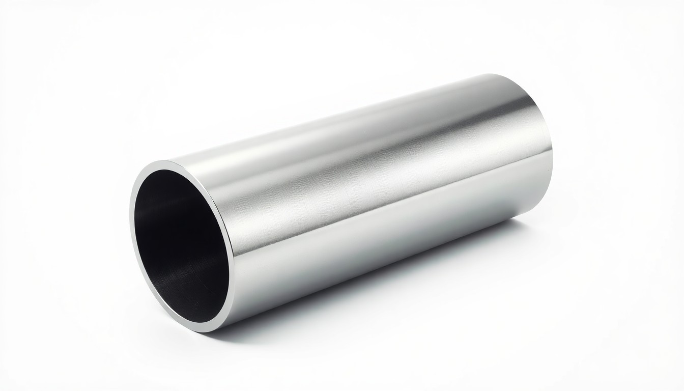 A photorealistic studio still life of a gleaming, metallic steel cylinder or tunnel segment, floating on a clean white background and dramatically lit to highlight its smooth, industrial texture.