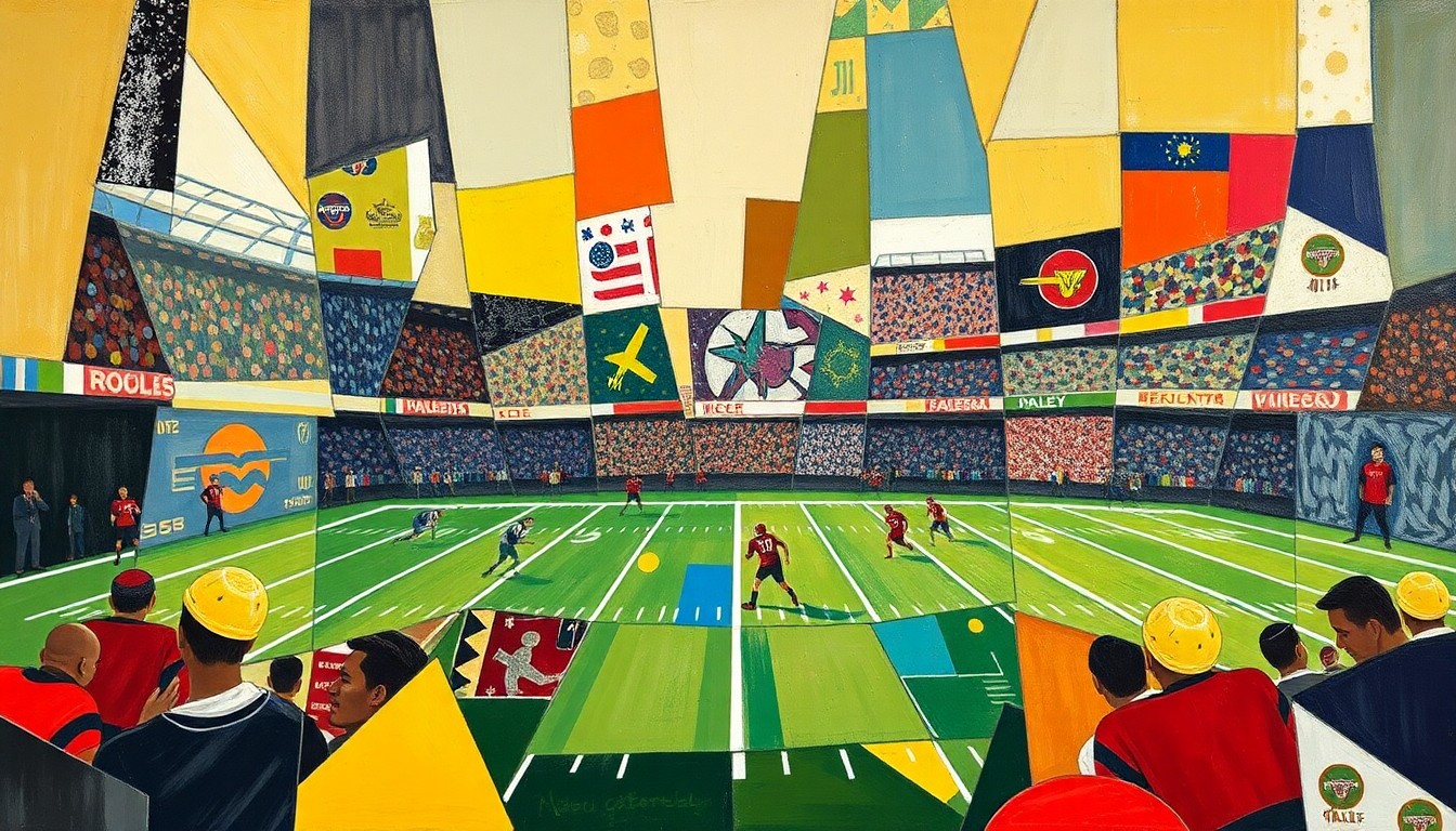 A cubist, geometric painting depicting a fragmented football game, with sharp, overlapping shapes and planes representing the action on the field.