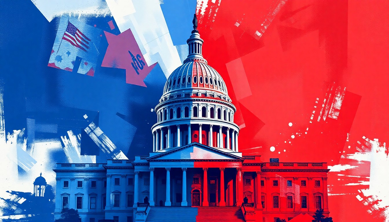 A dynamic, abstract painting featuring overlapping, fragmented shapes and lines in patriotic colors, conveying a sense of political turmoil and division.