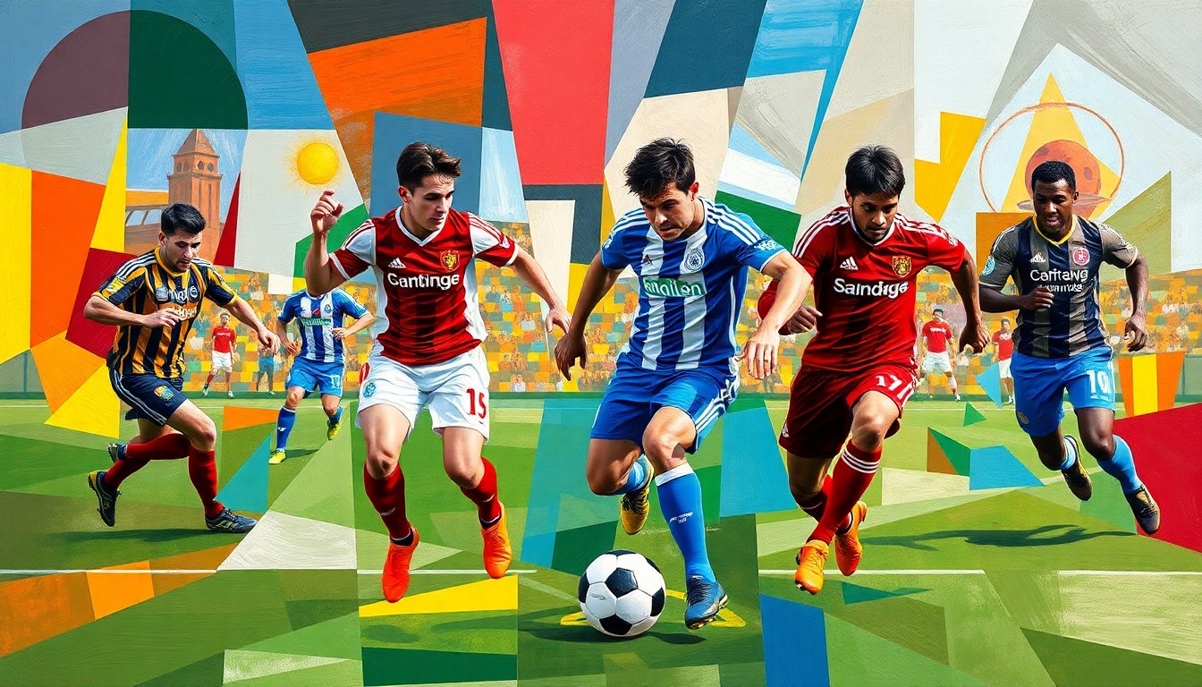 A cubist, geometric painting depicting the chaotic action of a soccer match, with players' forms broken down into abstract shapes and the ball and field blending into a vibrant, overlapping composition.