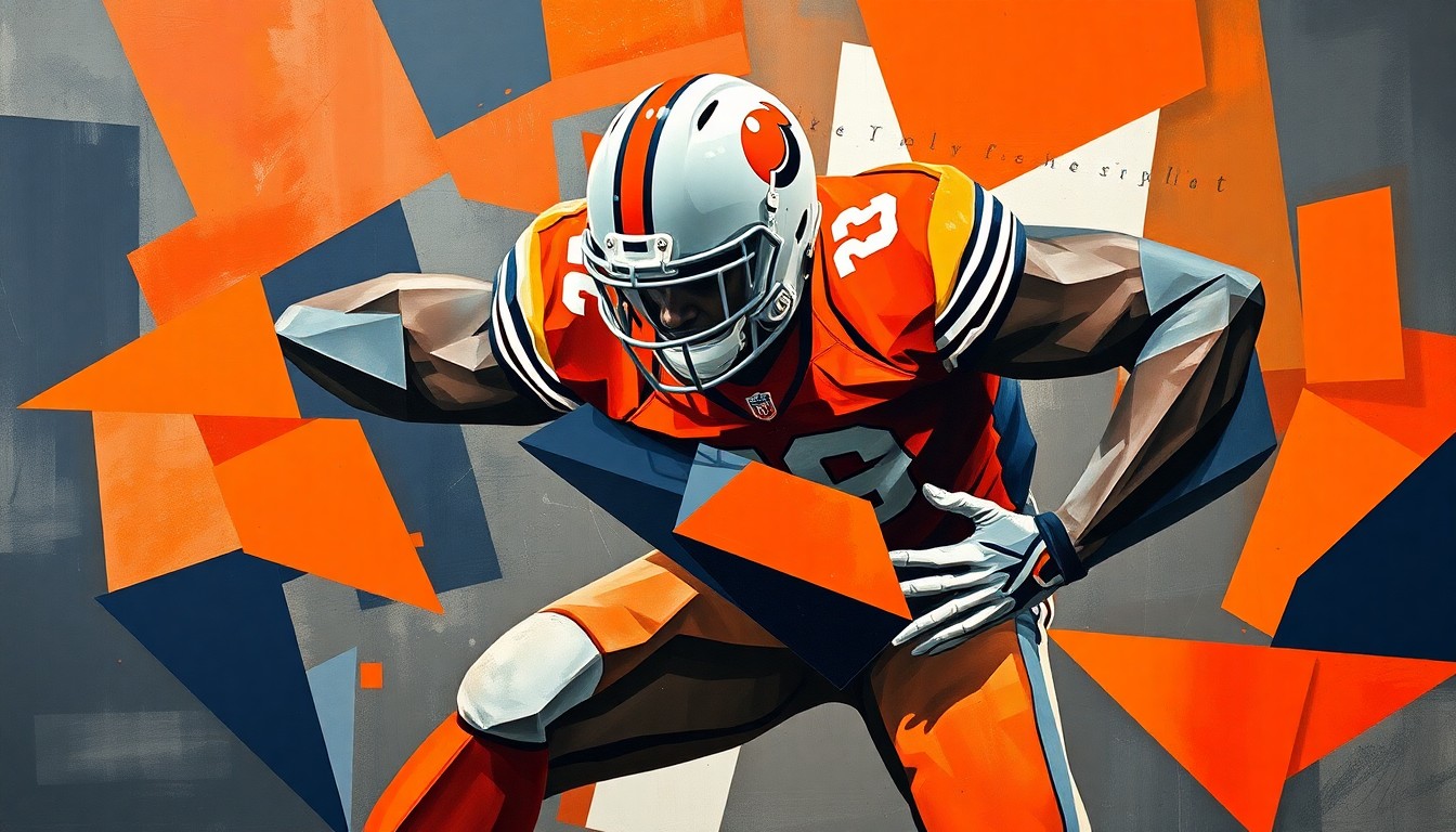 A fragmented, geometric painting showing the forceful movements and collisions of a defensive lineman, rendered in a cubist style with bold, angular shapes and muted tones.