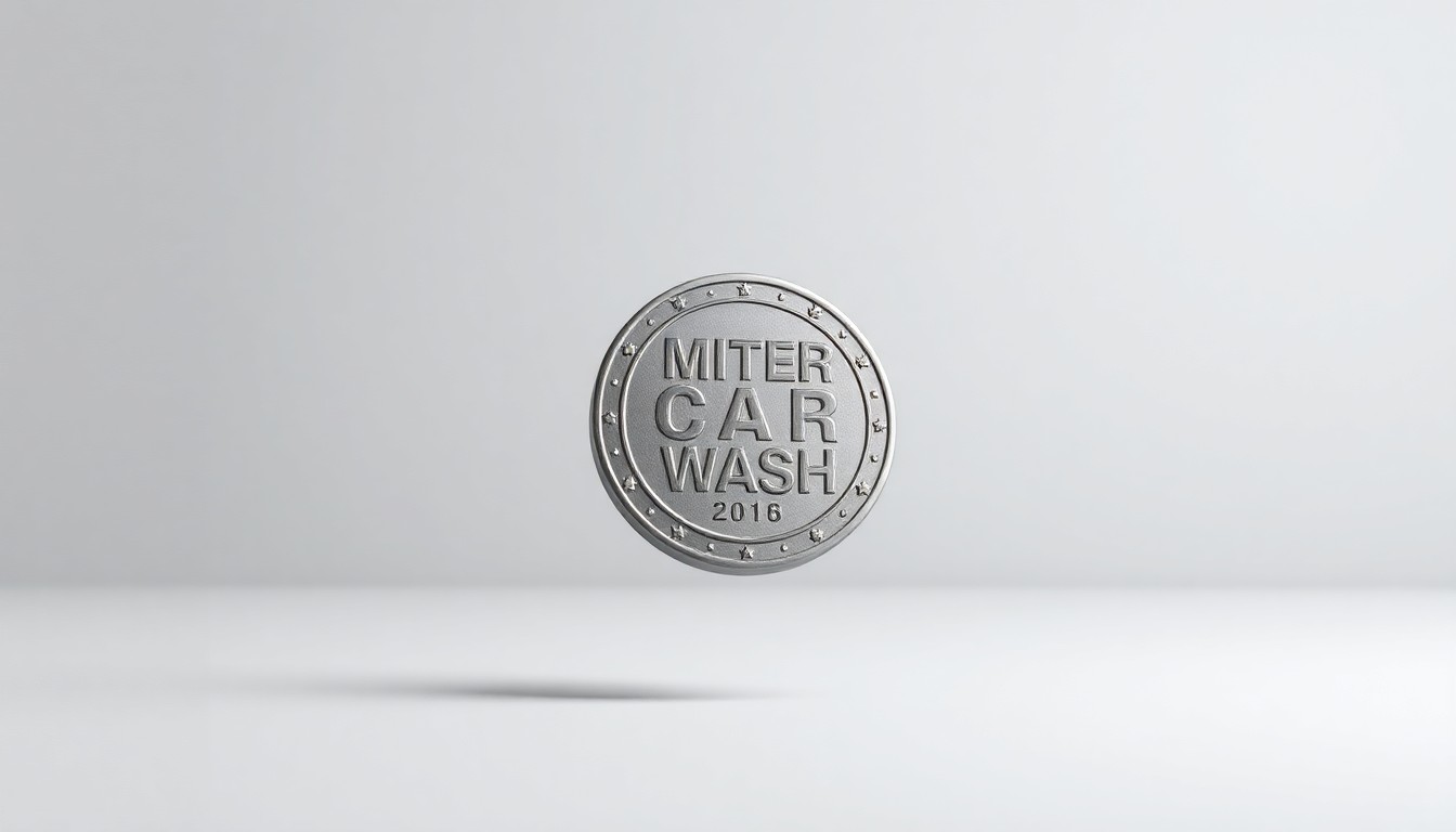 A close-up photograph of a shiny metal car wash token floating against a plain white background, representing the abstract financial and strategic implications of the Mister Car Wash take-private transaction.