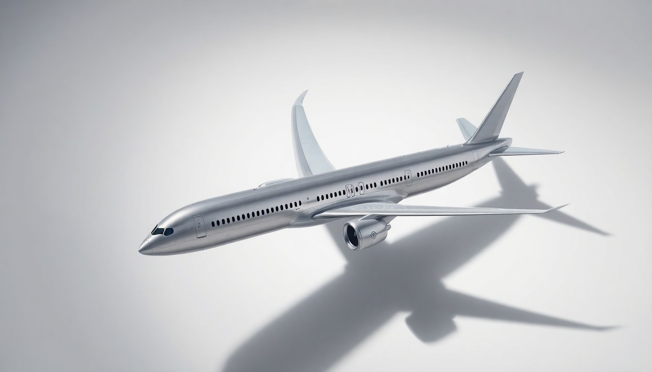 A high-end, photorealistic studio still-life photograph featuring a polished, metallic Boeing 787 Dreamliner model aircraft part floating elegantly on a clean, white seamless background with dramatic studio lighting casting deep shadows, conceptually representing the complex financial and market forces shaping the aviation industry.
