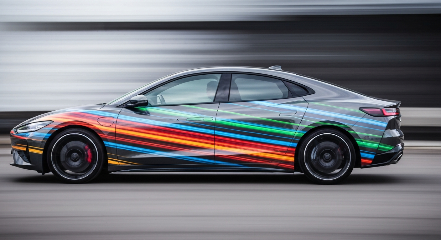 An abstract, blurred image of an electric vehicle in motion, with vibrant streaks of color and a sense of dynamic energy, conceptually representing the fast-paced world of modern automotive technology.