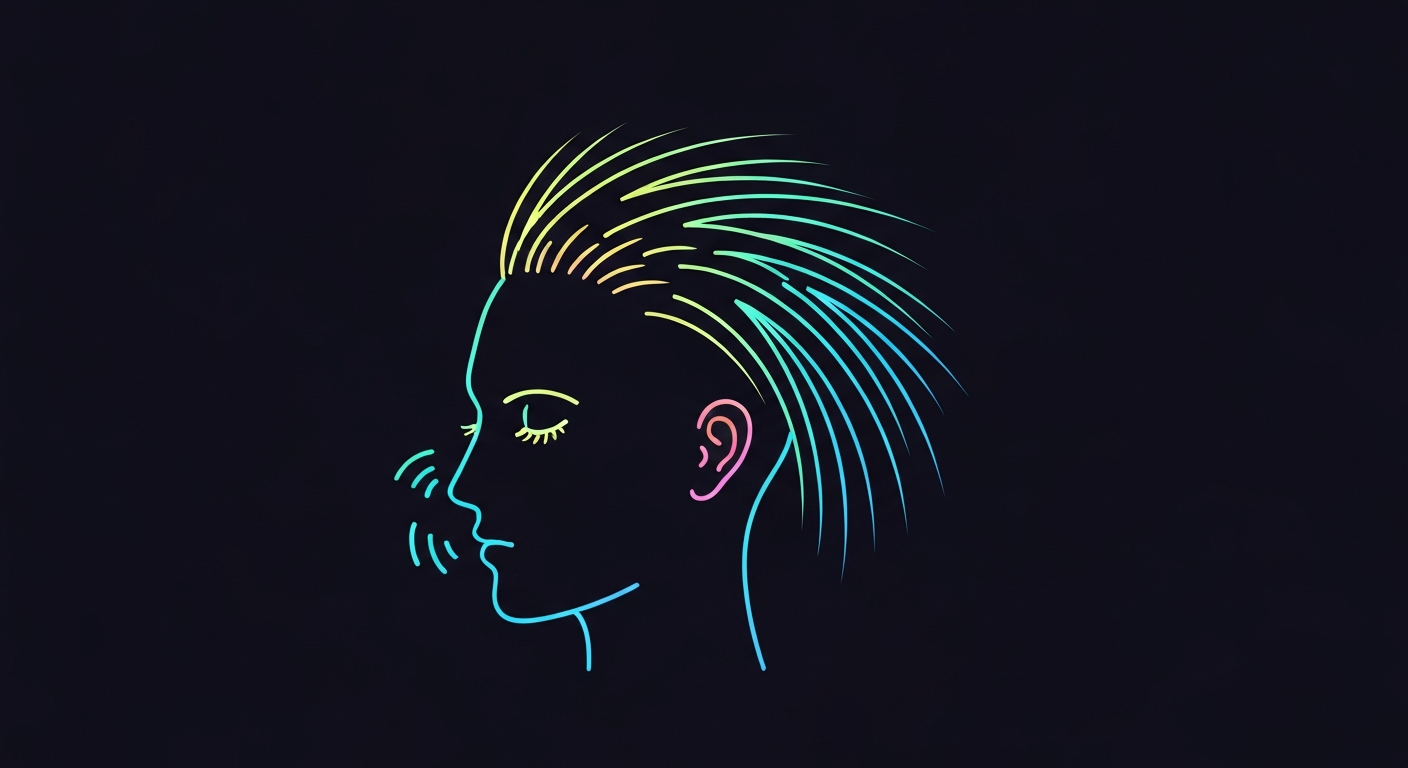 A glowing, neon outline of a human head and hair strands against a dark background, conceptually representing the energy and growth of hair regrowth.