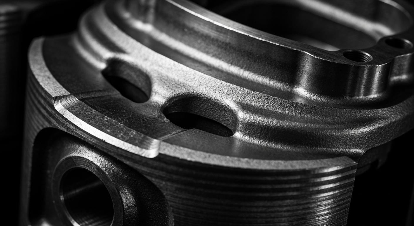 A close-up, high-contrast photograph showcasing the intricate textures and patterns of an automobile engine part, conveying the craftsmanship and attention to detail that goes into vehicle maintenance and repair.