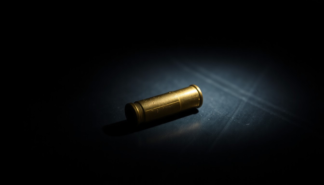 An extreme close-up photograph of a single spent bullet casing on a dark surface, lit by a harsh, direct camera flash, conceptually representing the aftermath of a violent incident.