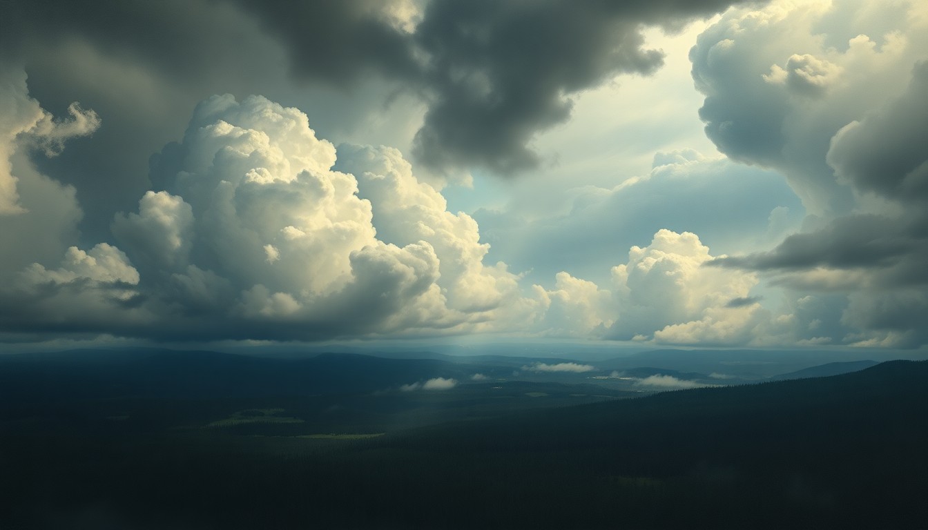 A sweeping, atmospheric landscape painting in muted tones of grey, blue, and green, depicting the vast, untamed wilderness of northern Minnesota's boreal forest under an ominous, stormy sky. The scene conveys a sense of the overwhelming power and scale of the natural environment, with any physical structures or human elements obscured by the dramatic, swirling clouds that fill the frame.