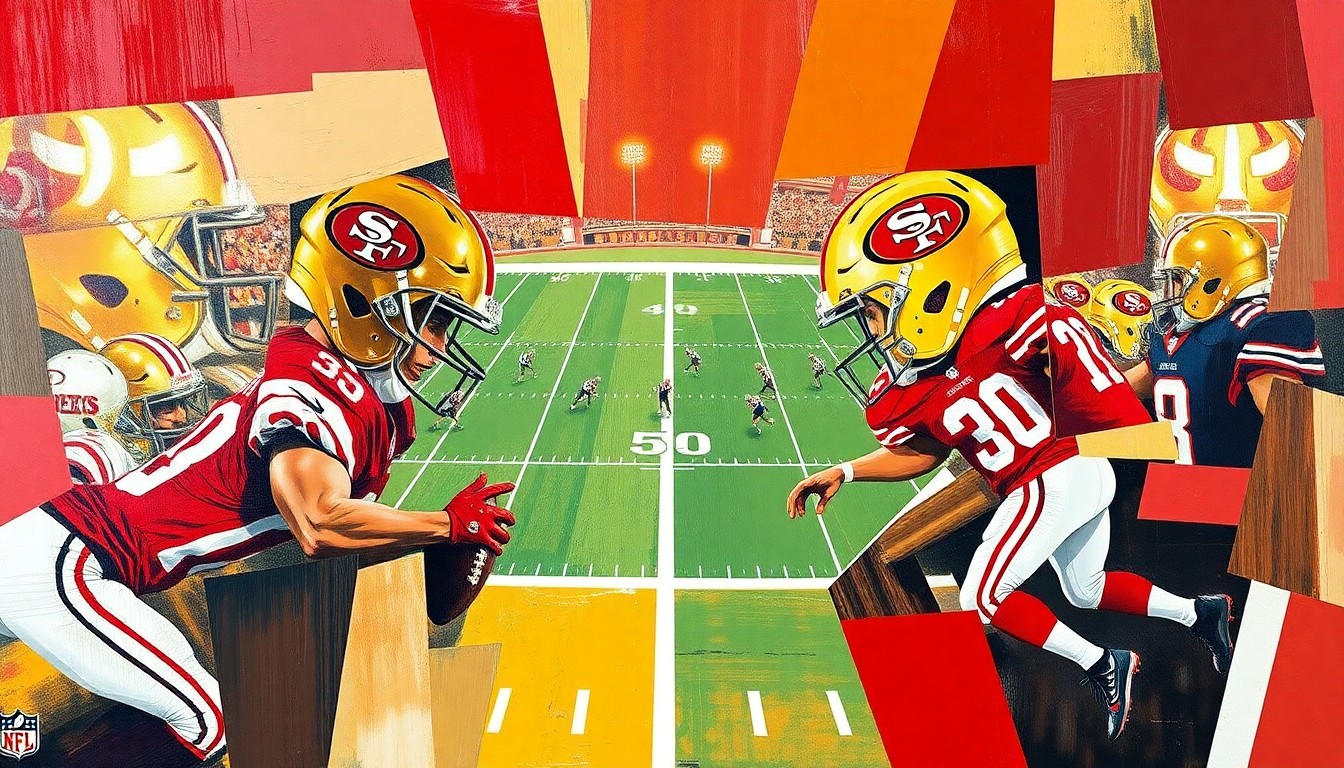 A fractured, cubist-style painting depicting an abstract football game, with sharp geometric shapes in the 49ers' colors of red, gold, and white.