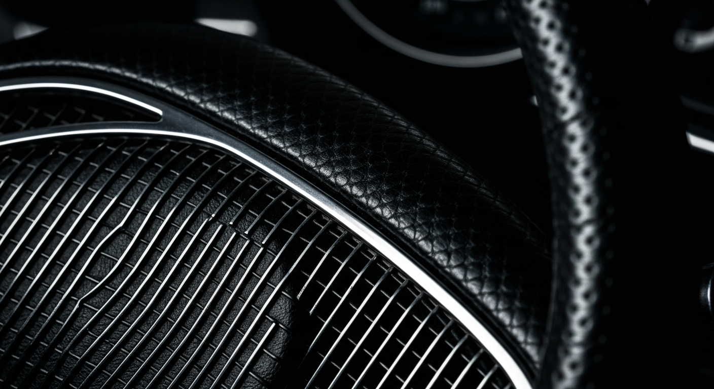 An extreme close-up of a textured automobile part, such as a pebbled leather steering wheel or a woven mesh grill, captured in dramatic, high-contrast lighting to convey the artistry and craftsmanship behind the auto repair industry.