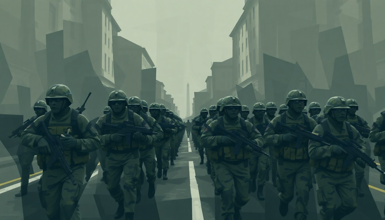 A fractured, abstract painting in muted shades of green, grey, and blue depicting the movement of National Guard troops through the streets of Washington, D.C., conveying a sense of disruption and unease.