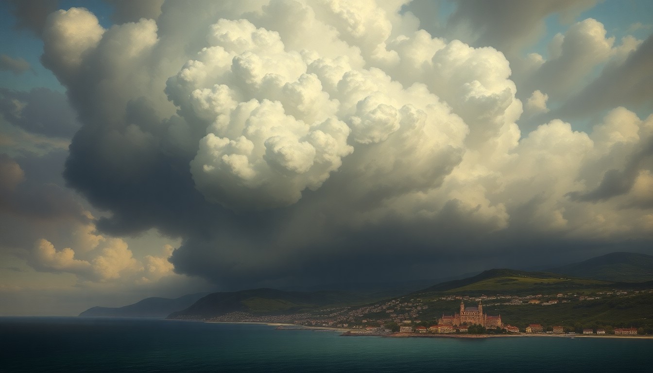 A sweeping, atmospheric landscape painting depicting a massive, ominous thundercloud formation dominating the skyline over a small coastal town, conveying the overwhelming power and scale of the approaching storm.