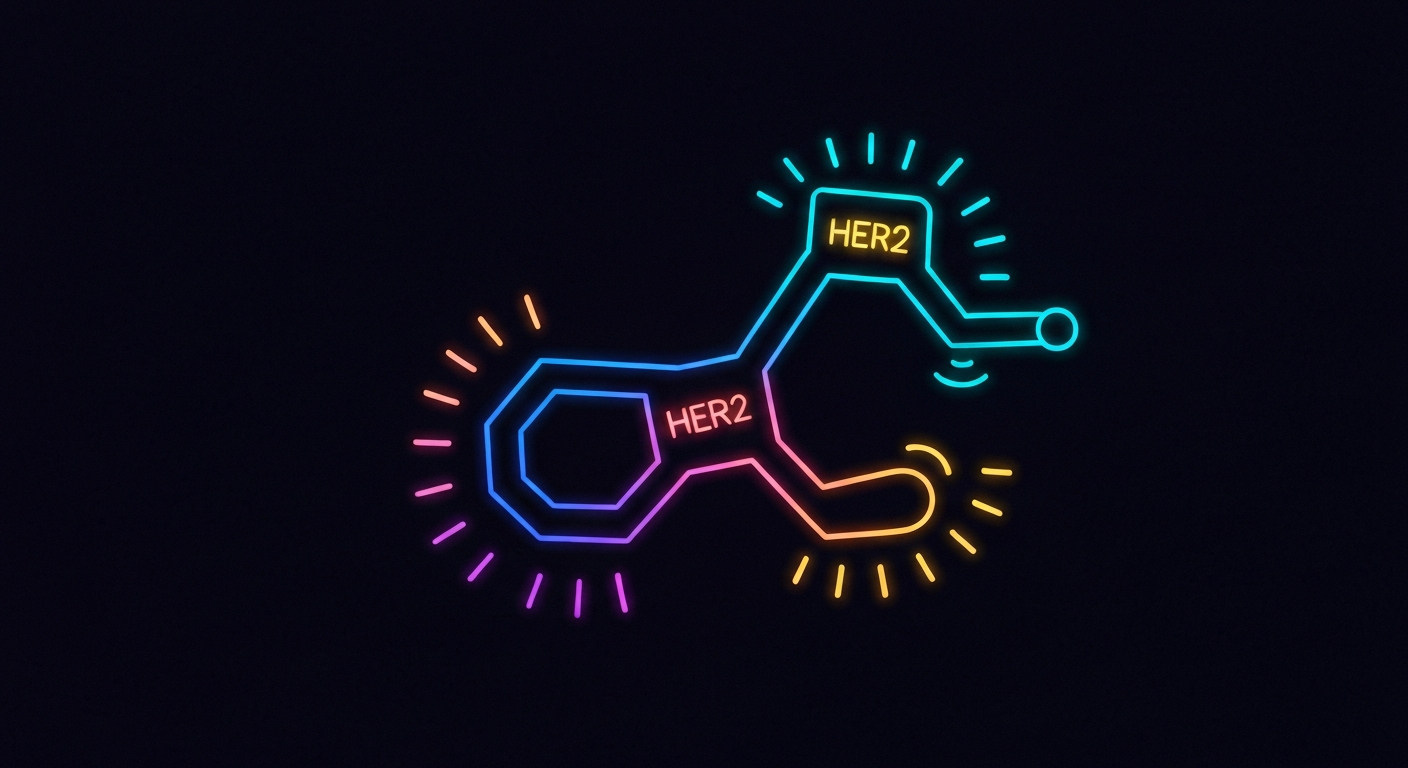 A glowing, neon-outlined HER2 receptor molecule against a dark background, conceptually representing the targeted approach of a new radiopharmaceutical therapy.