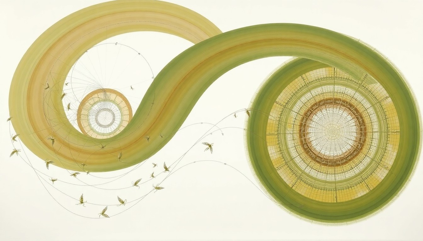 A bold, abstract painting in muted earth tones depicts intricate geometric patterns and organic spirals, representing the complex scientific processes behind Kraig Biocraft's innovative spider silk technology.