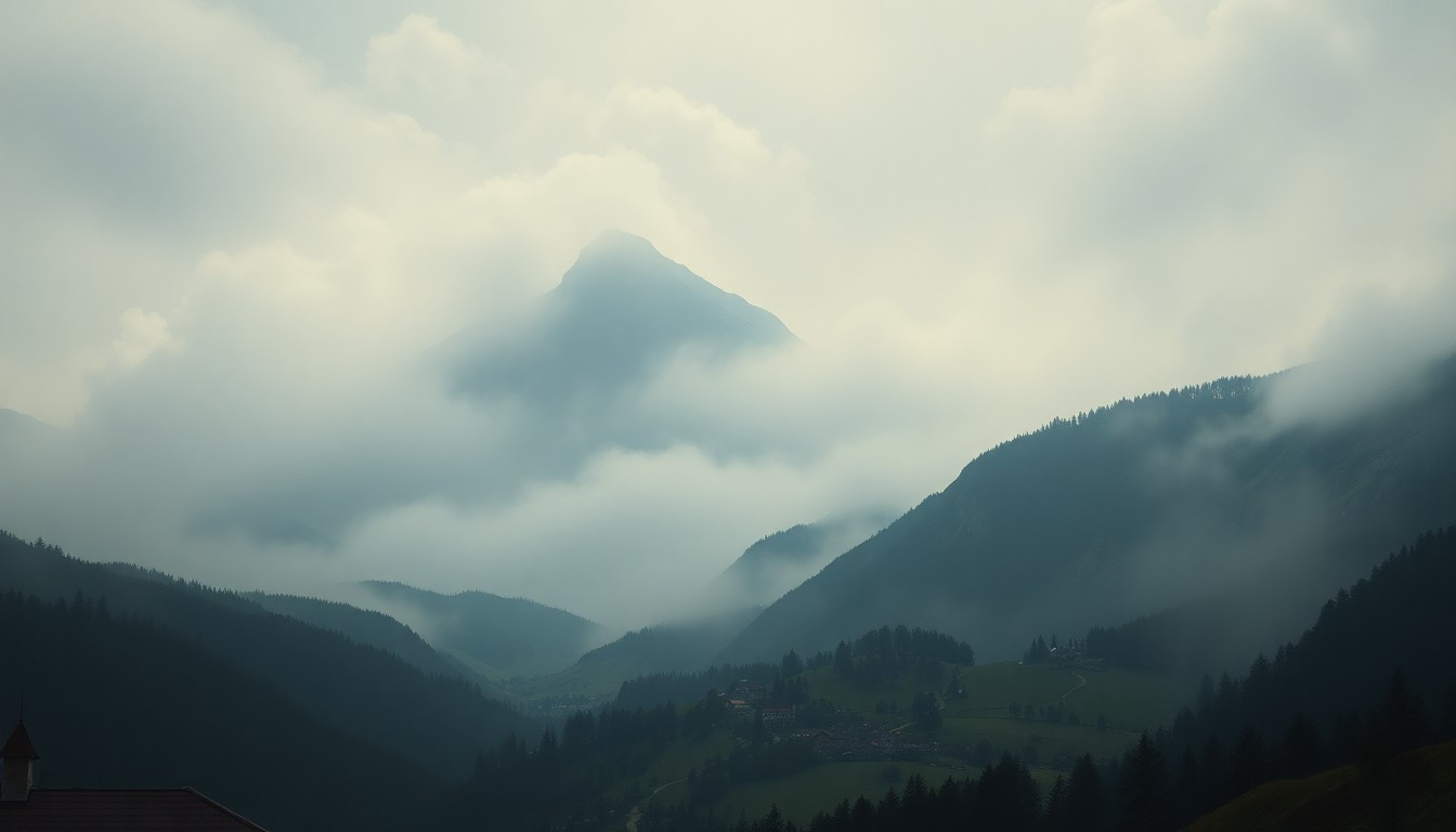 A vast, atmospheric landscape painting in muted tones, with a small village nestled in a fog-shrouded valley and looming mountains in the background, conveying the overwhelming scale of the natural environment.