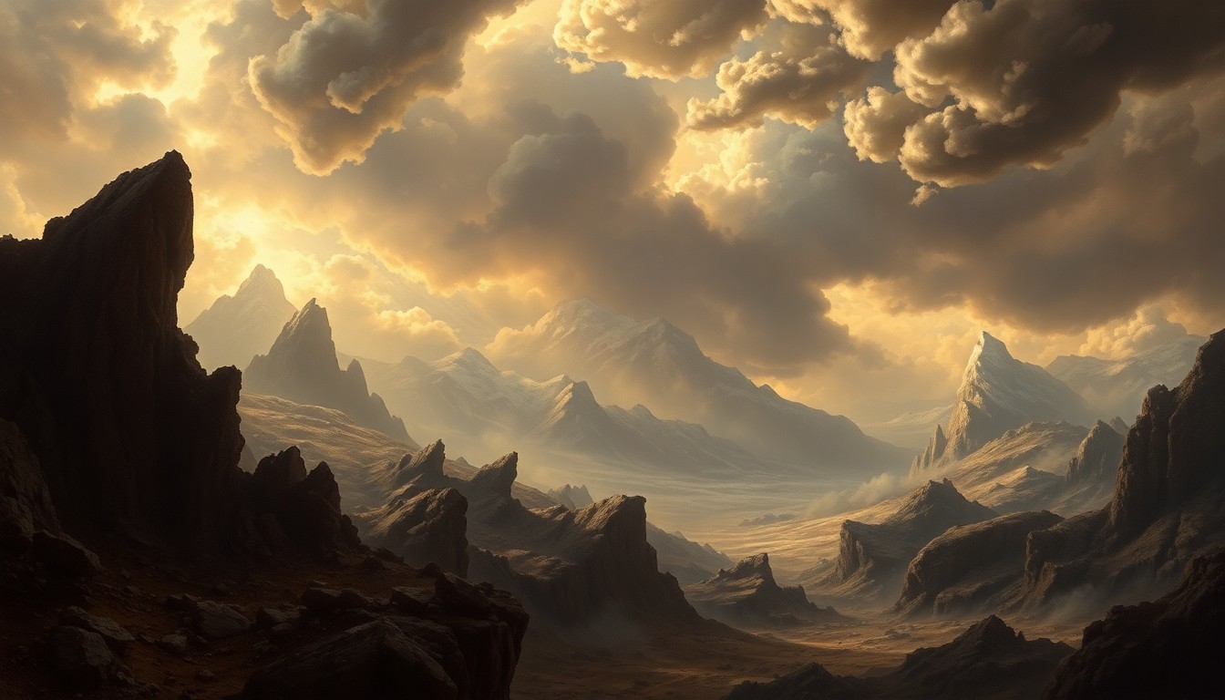 A sweeping, atmospheric landscape painting depicting the shaking earth and crumbling structures dwarfed by the overwhelming power of a powerful earthquake, conveying the sublime scale of natural disasters.