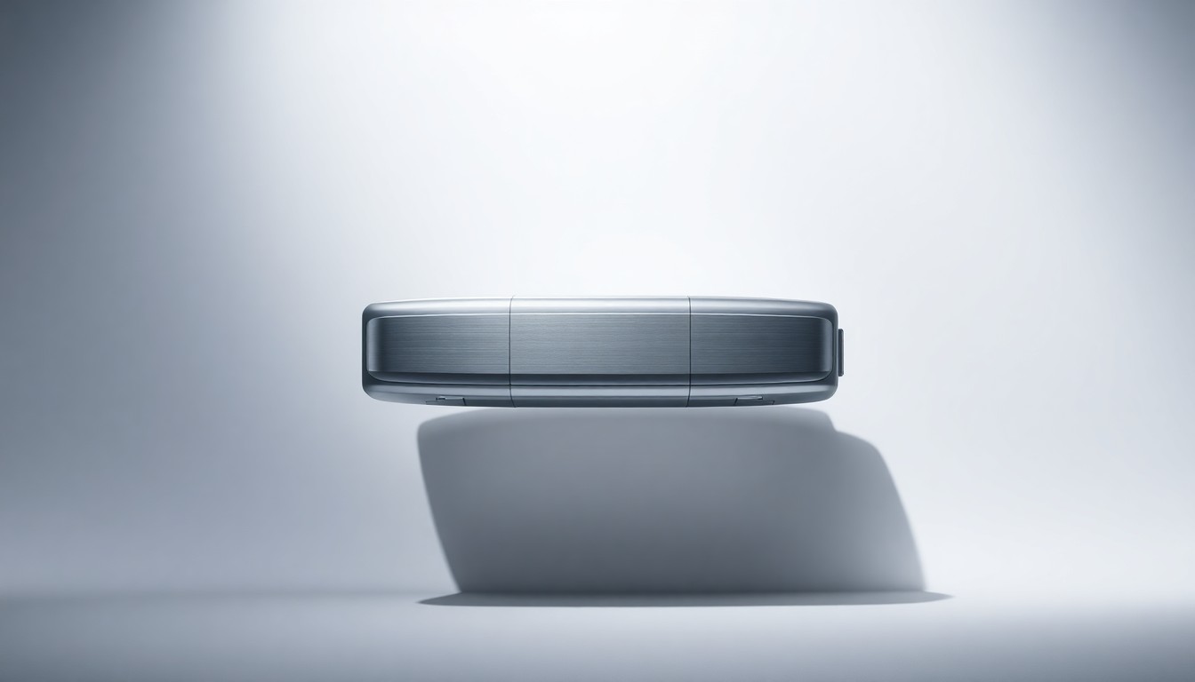A photorealistic studio still-life image of a sleek, modern medical diagnostic device in a polished metallic finish, floating elegantly on a clean, monochromatic background and bathed in dramatic studio lighting to symbolize advanced technology and precision.