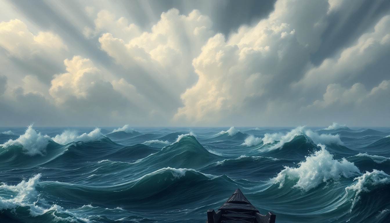 A sweeping, atmospheric landscape painting in muted blues and grays, depicting a stormy seascape with towering waves and ominous clouds obscuring the horizon, dwarfing a small kayak caught in the turbulent conditions.