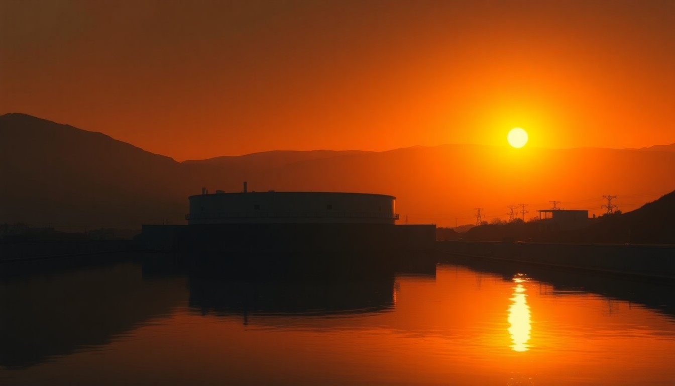 A serene, photorealistic painting of a water treatment facility or reservoir, with the building bathed in warm, golden sunlight and surrounded by deep shadows, conveying a sense of quiet contemplation and the importance of critical infrastructure.