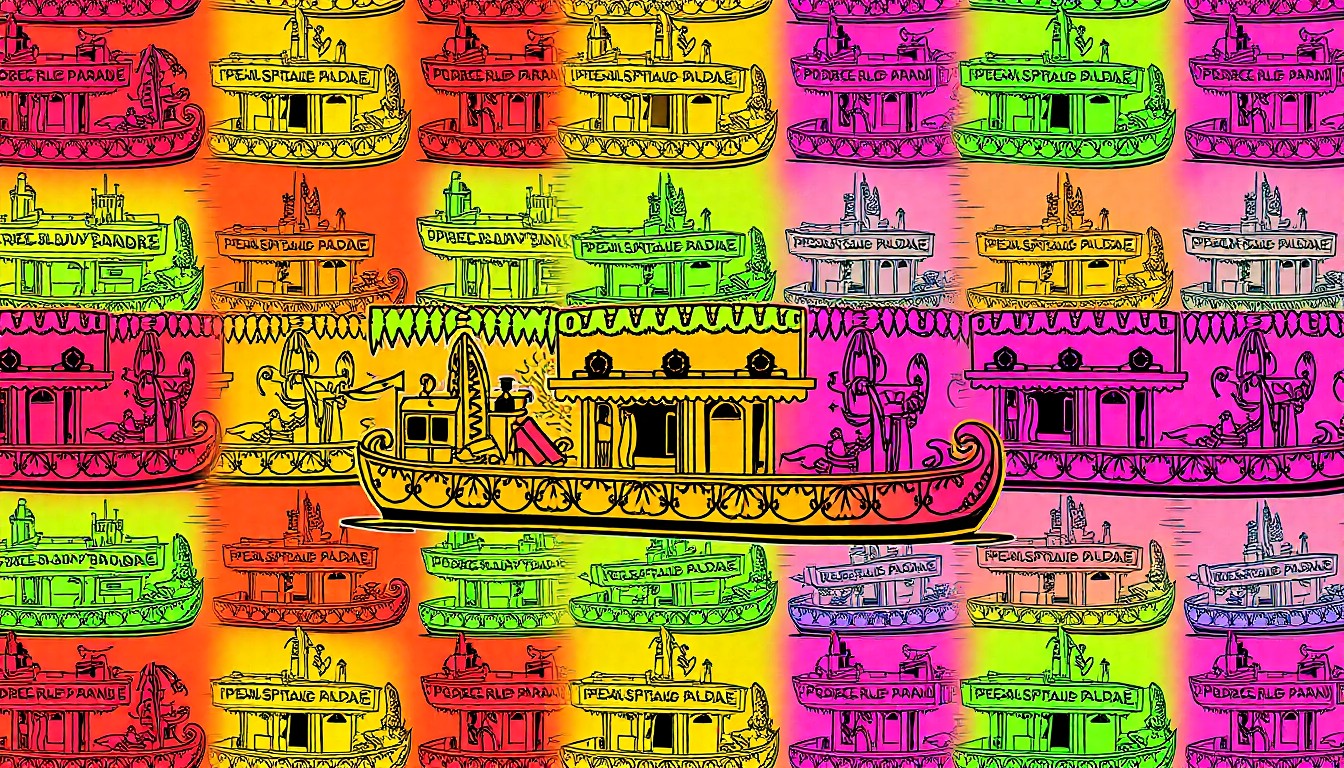 A bold, abstract silkscreen illustration featuring a repeating pattern of a brightly colored, stylized river parade float, capturing the energy and visual flair of this iconic San Antonio tradition.