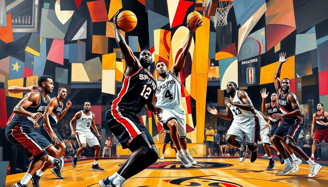 A fractured, multi-perspective painting depicting the energy and athleticism of a basketball game, with Wembanyama as the central figure. The painting uses sharp, overlapping geometric planes to capture the raw intensity of the playoff matchup.
