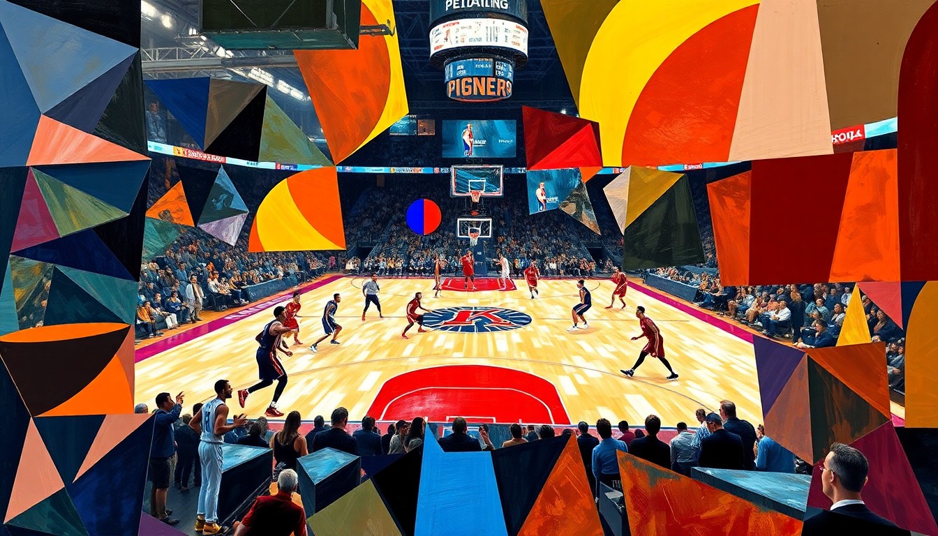 A fragmented, geometric painting depicting the dynamic movements and energy of a basketball game, with players' forms broken down into abstract shapes and colors.
