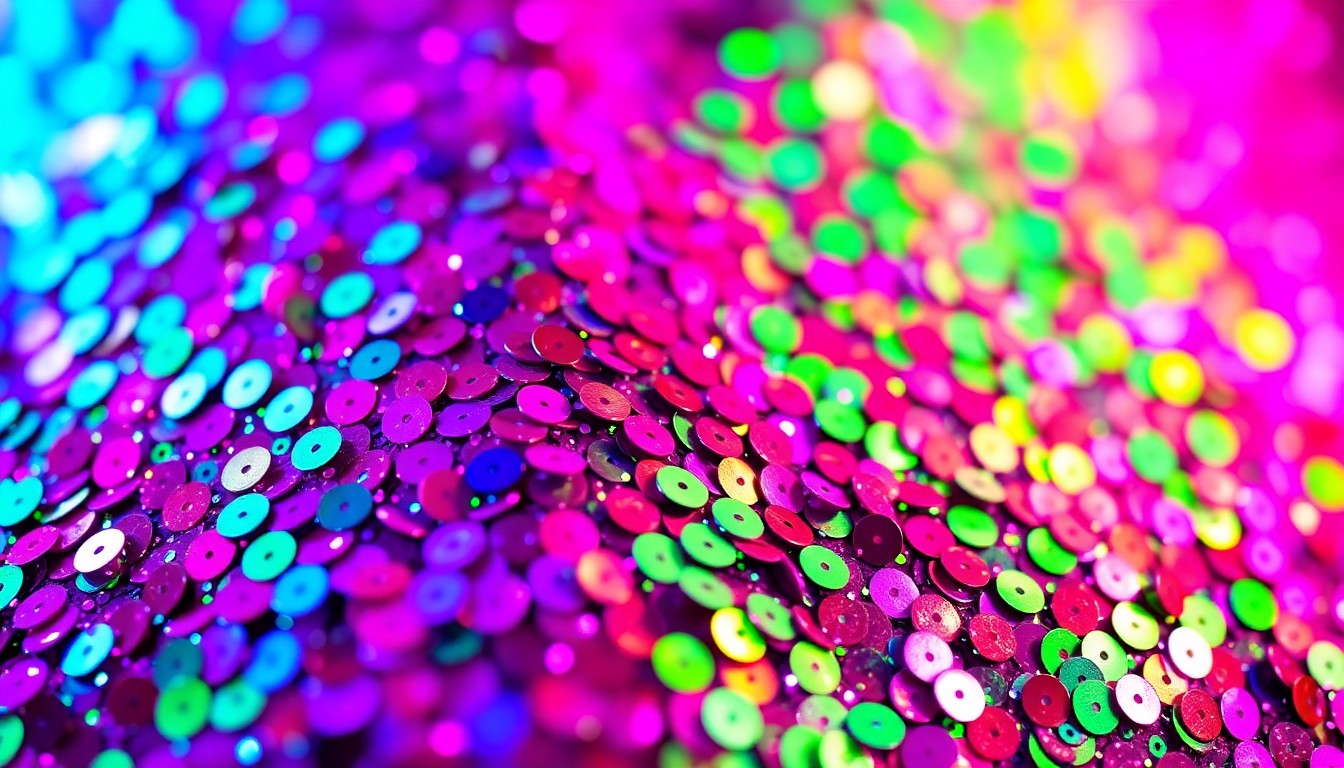 An extreme close-up photograph of shimmering, glittering sequins in a vibrant color palette of hot pink, neon green, and deep purple, creating an abstract, high-fashion texture that evokes the energy and glamour of a major music festival performance.
