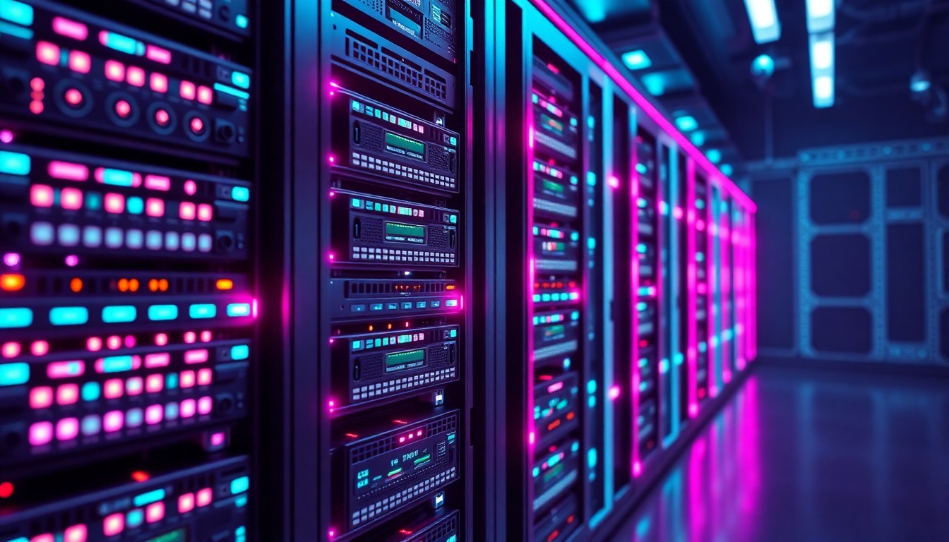 A highly detailed, glowing 3D illustration of a data center server rack with neon cyan and magenta lights illuminating the intricate hardware components, conceptually representing the critical infrastructure and digital connectivity powering modern data centers.