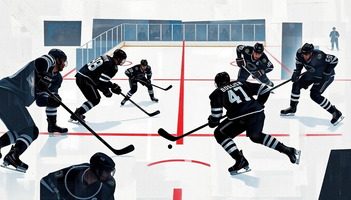 A cubist, geometric painting depicting the chaotic action of a hockey playoff game, with fragmented shapes and planes representing the players, puck, and ice surface.