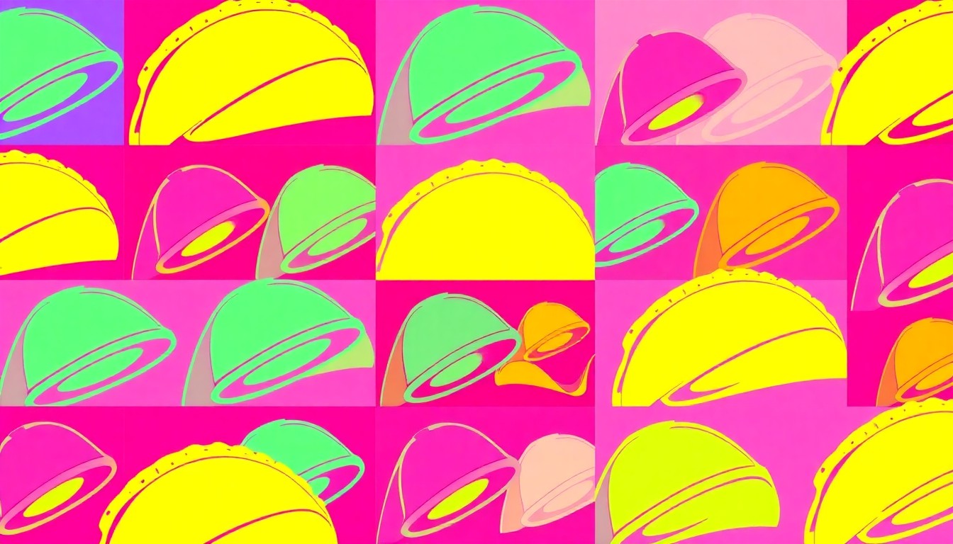 A high-contrast, silkscreen-style grid of a single Taco Bell menu item, such as a quesadilla or taco, rendered in a vibrant, neon color palette with heavy black outlines, creating a modern pop art interpretation of an everyday fast food item.