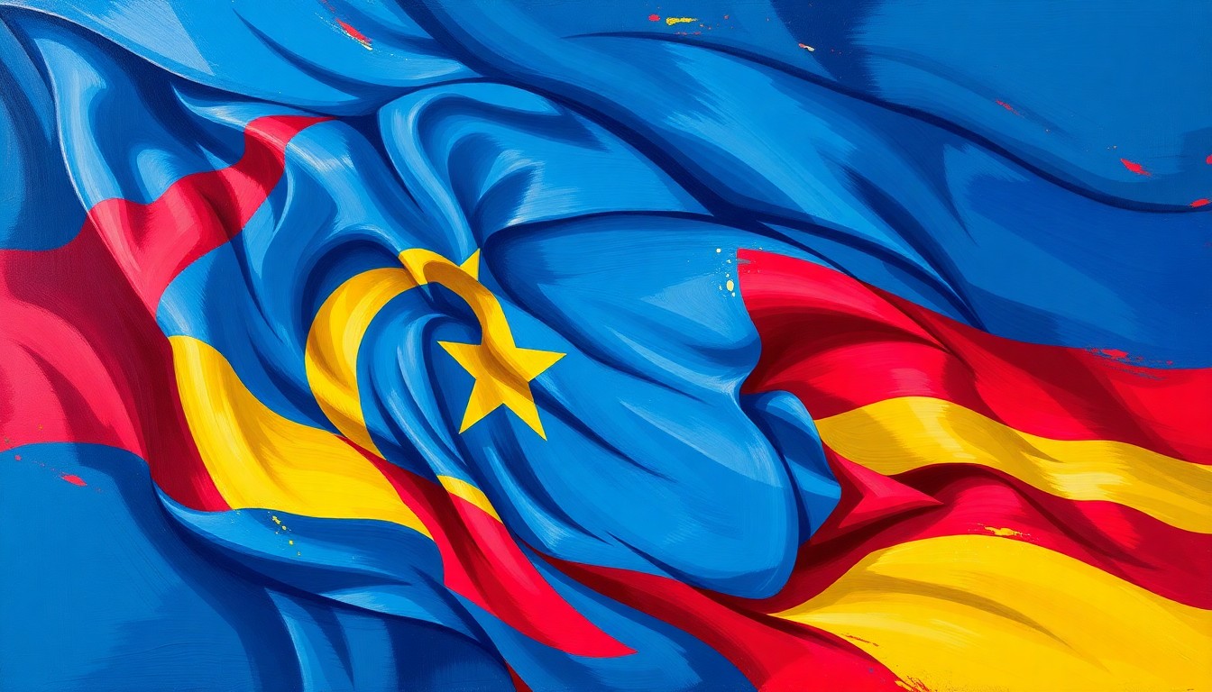 An abstract, fragmented painting of the Michigan state flag, its colors and shapes overlapping and distorting, conveying a sense of political turmoil and disunity.